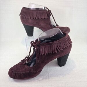 Born Burgundy Suede Fringe Heeled Ankle Booties Women's EU 38 US 7 Boho Festival